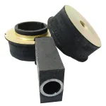 Set of black rubber bushings with metal sleeves for automotive suspension components, shown from multiple angles.