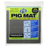 Pig Mat universal leak-and-spill pads package, showing gray absorbent pads in a clear bag with blue and green labeling that reads 'PIG MAT'. The package notes 15-pad tablets and professional grade absorbent inside.