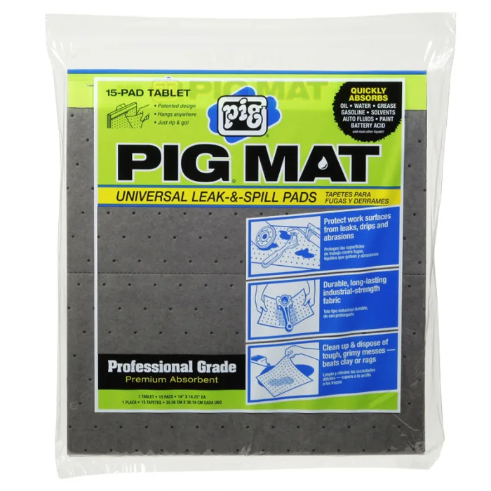 Pig Mat universal leak-and-spill pads package, showing gray absorbent pads in a clear bag with blue and green labeling that reads 'PIG MAT'. The package notes 15-pad tablets and professional grade absorbent inside.