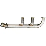 Stainless steel automotive exhaust header with multiple curved runners and a flange on the left, laid out against a white background.