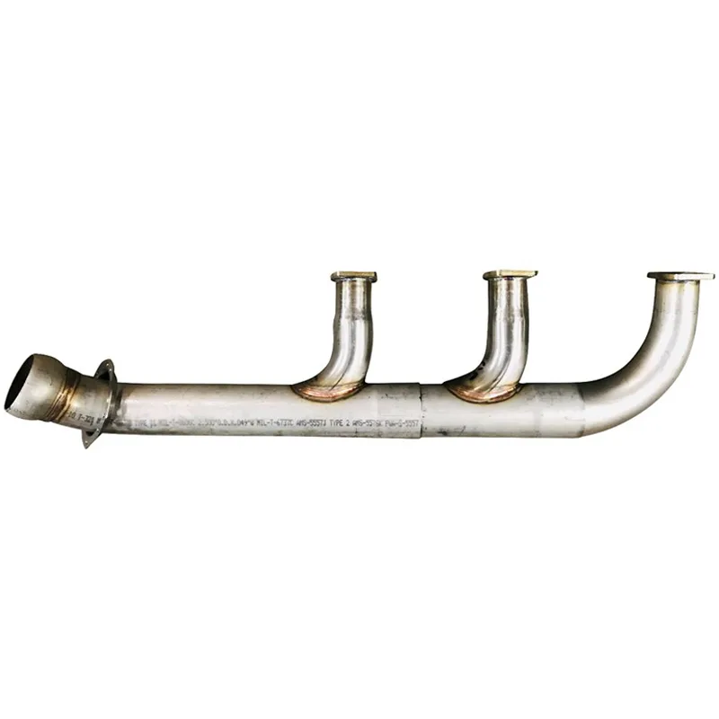 Stainless steel automotive exhaust header with multiple curved runners and a flange on the left, laid out against a white background.