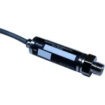 Black cylindrical industrial sensor with attached cable and metal threaded connector on the end.