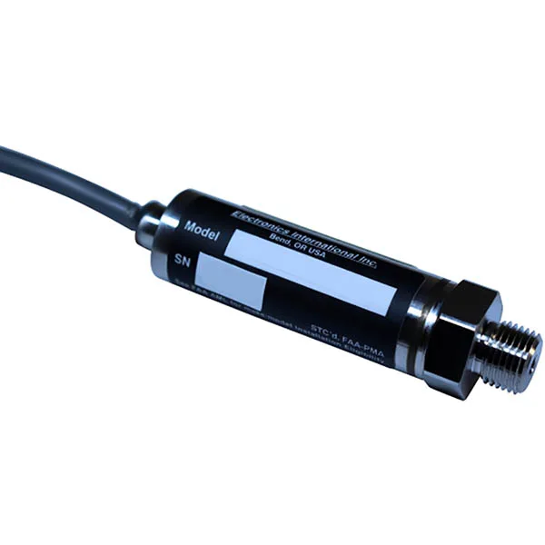 Black cylindrical industrial sensor with attached cable and metal threaded connector on the end.