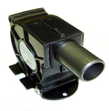 Compact black electronic module with a cylindrical light-guide/tube extending from the front, mounted on a small metal base.