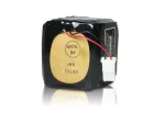 Small black battery pack with a yellow label, red wire and white plastic connector attached to the side.