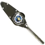 Torque wrench with a circular dial gauge mounted on a flat metal head and a long handle