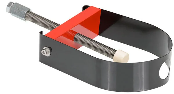 Adjustable metal strap clamp with a red triangular support, tightened by a long screw to hold materials in place during work.