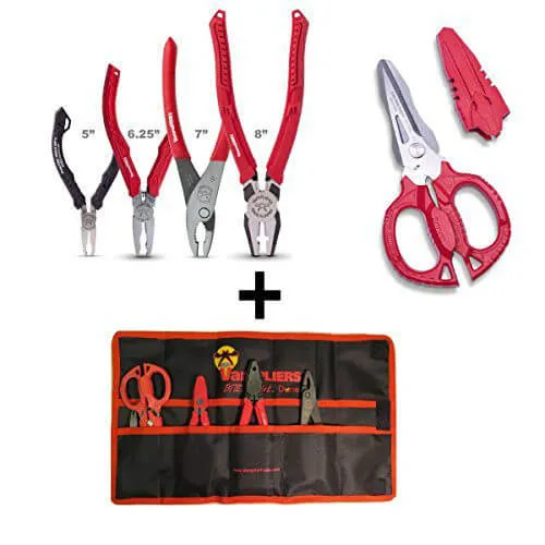 Assorted pliers and scissors with a roll-up tool case for jewelry making or crafts tool kit.