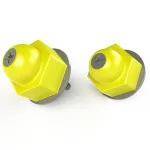 Two yellow plastic knobs with hexagonal bases and threaded studs, shown from above against a white background on gray disks.