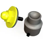 Two-part automotive fastener: a yellow push-in clip with a threaded stud beside a gray cylindrical spacer/bushing.