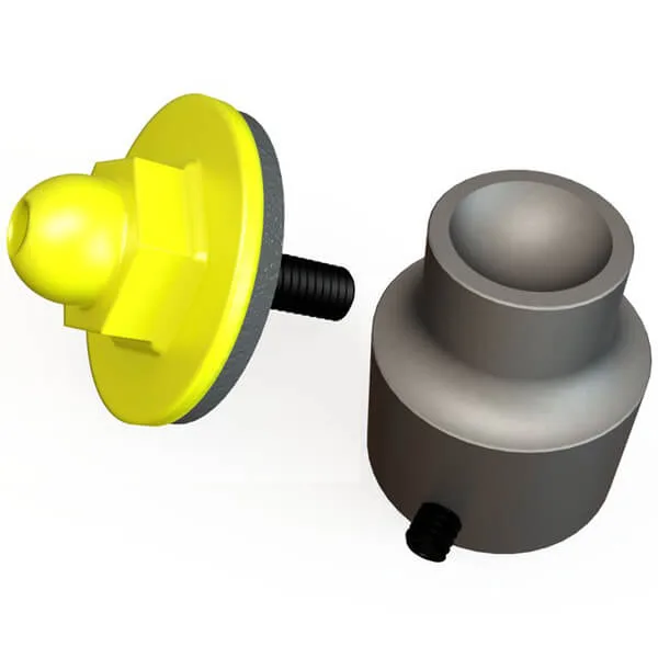 Two-part automotive fastener: a yellow push-in clip with a threaded stud beside a gray cylindrical spacer/bushing.