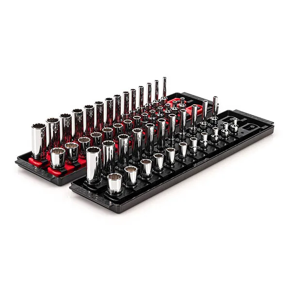 Metal socket wrench set arranged in two black plastic cases with rows of chrome sockets and red accents, viewed from above.